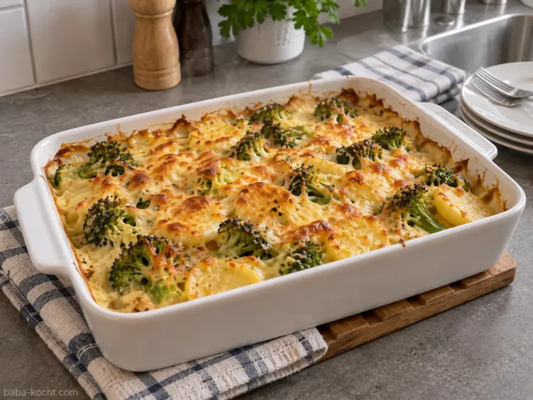 Fertig gebackener Brokkoli-Auflauf mit Kartoffeln und Käse