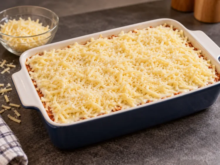 Mit Käse bestreuen – Lasagne mit Hackfleisch Mit Käse bestreuen – Lasagne mit Hackfleisch