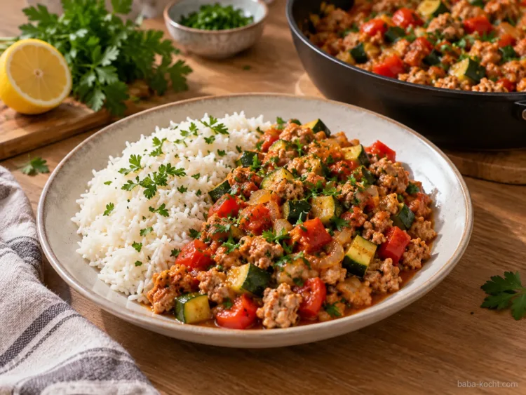 Abschmecken und servieren – Putenhackfleisch-Pfanne Abschmecken und servieren – Putenhackfleisch-Pfanne