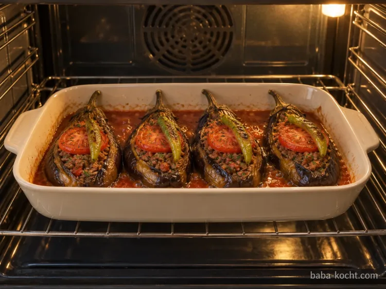 Karnıyarık gart im Backofen in einer Auflaufform mit Tomatensoße
