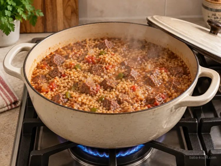 Mit Fleischsud garen – Bulgur Pilavı mit Rindfleisch und Tomaten Mit Fleischsud garen – Bulgur Pilavı mit Rindfleisch und Tomaten