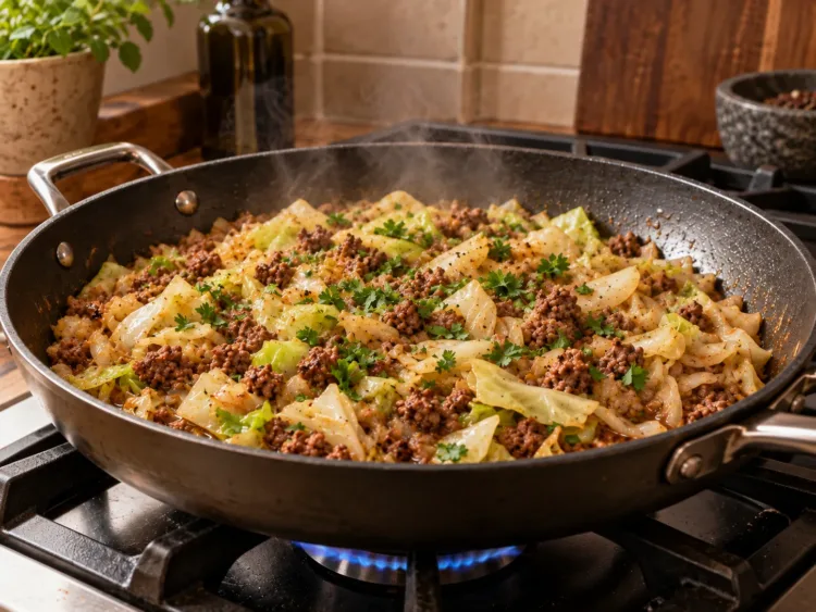 Abschmecken und servieren – Spitzkohl-Hackfleisch-Pfanne