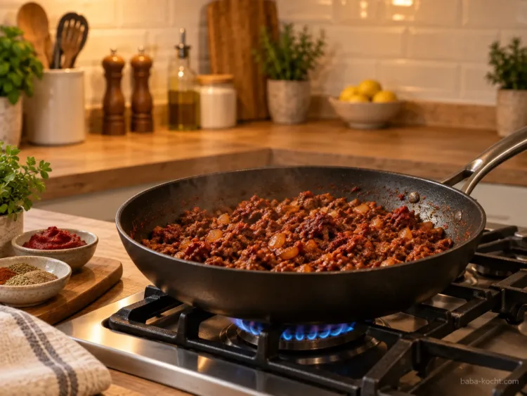 Tomatenmark und Gewürze rösten – Gefüllter Butternut Kürbis mit Hackfleisch und Feta Rinderhack mit Tomatenmark und Gewürzen in der Pfanne