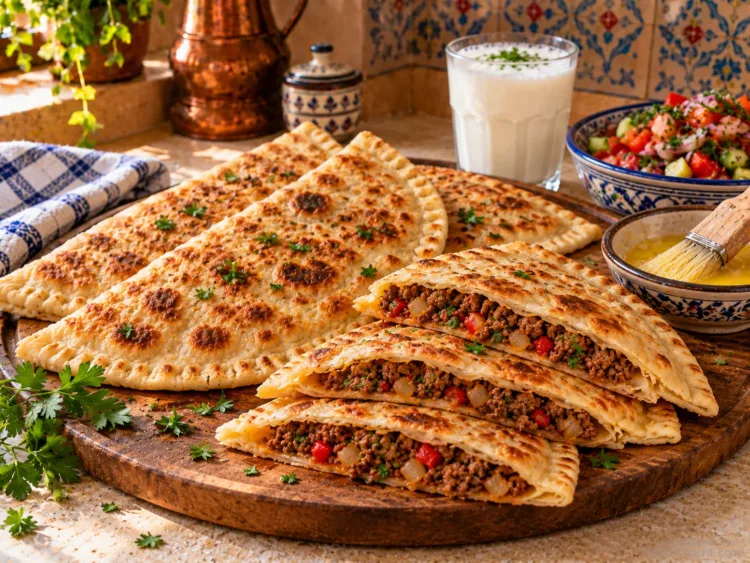 Goldbraun gebratene Gözleme mit Hackfleisch auf einem Teller, dazu Butter, Ayran und frischer Salat.