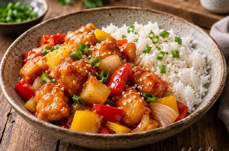 Glänzendes süß-saures Hähnchen mit Ananas, roter und gelber Paprika sowie Reis, angerichtet in einer Keramikschüssel.