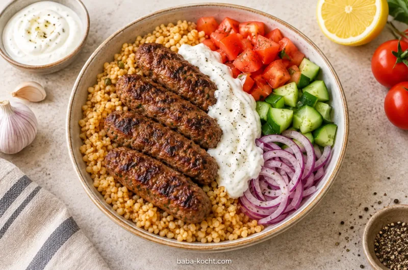 Köfte Bowl mit Bulgur, vier gebratenen Rindfleisch-Köfte, frischem Gemüse und Knoblauch-Joghurtsauce