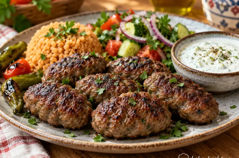 Goldbraun gebratene türkische Anne Köftesi aus Rinderhack mit Reis, Tomaten-Gurken-Salat und Joghurt.