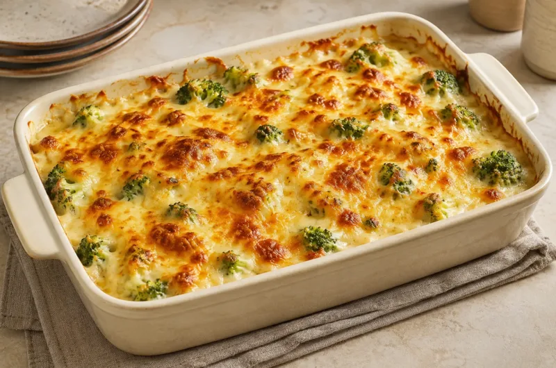 Frisch gebackenes Brokkoli-Gratin mit cremiger Béchamel-Käsesauce und goldbraun überbackenem Gouda und Parmesan.