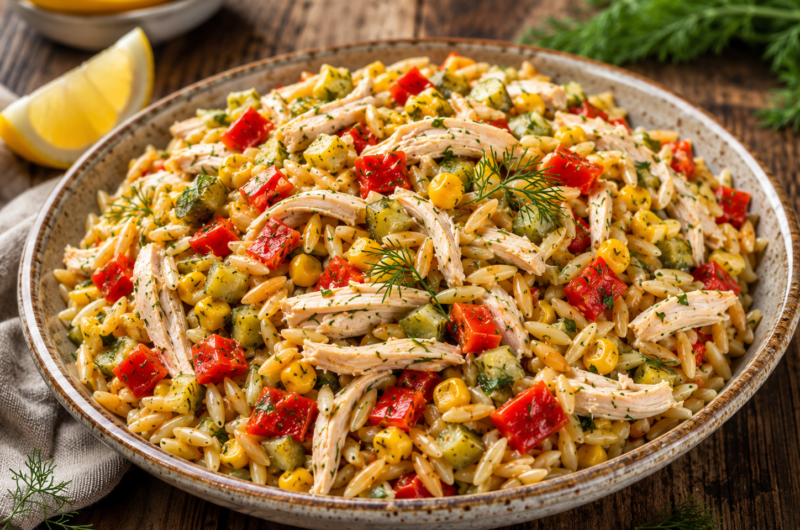 Hähnchen Kritharaki Salat mit Mais, Paprika, Cornichons und Dill in einer Schüssel