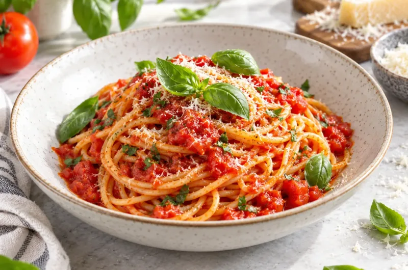 Spaghetti mit fruchtiger Tomatensoße, frischem Basilikum und fein geriebenem Parmesan.