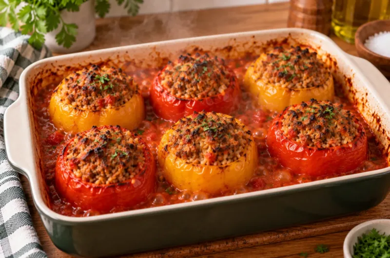 Ofengegarte gefüllte Paprika mit Rinderhack und Reis in kräftiger Tomatensoße, frisch gebacken und mit Petersilie bestreut.