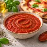 Kräftige selbstgemachte Pizzasoße in einer Schale mit Basilikum, Oregano und frisch gebackener Pizza im Hintergrund.