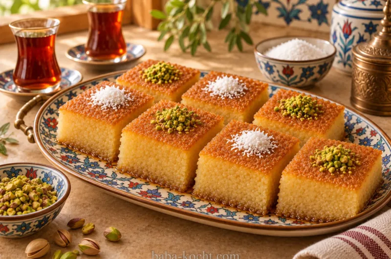 Saftiger türkischer Revani Grießkuchen mit Zuckersirup, Pistazien und Kokos auf einem traditionellen Teller.