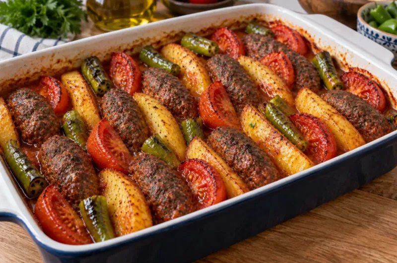 Fertige İzmir Köfte mit goldbraunen Kartoffelspalten, Tomaten und grünen Paprika in würziger Tomatensoße aus dem Ofen.