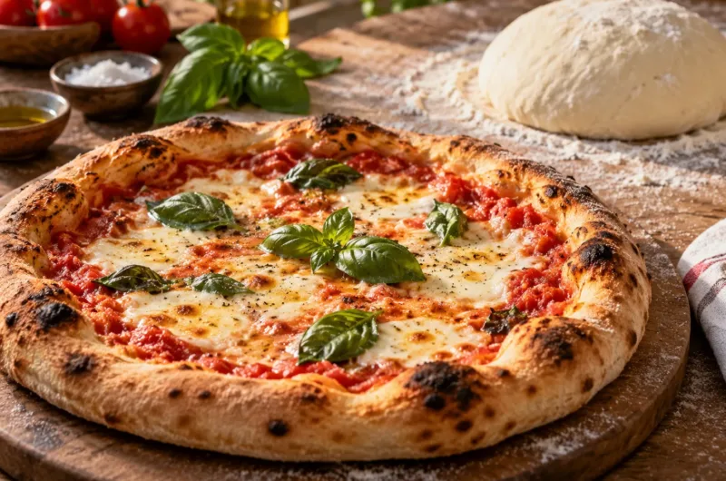 Frisch gebackene Pizza mit luftigem Rand und Pizzateig im Hintergrund.