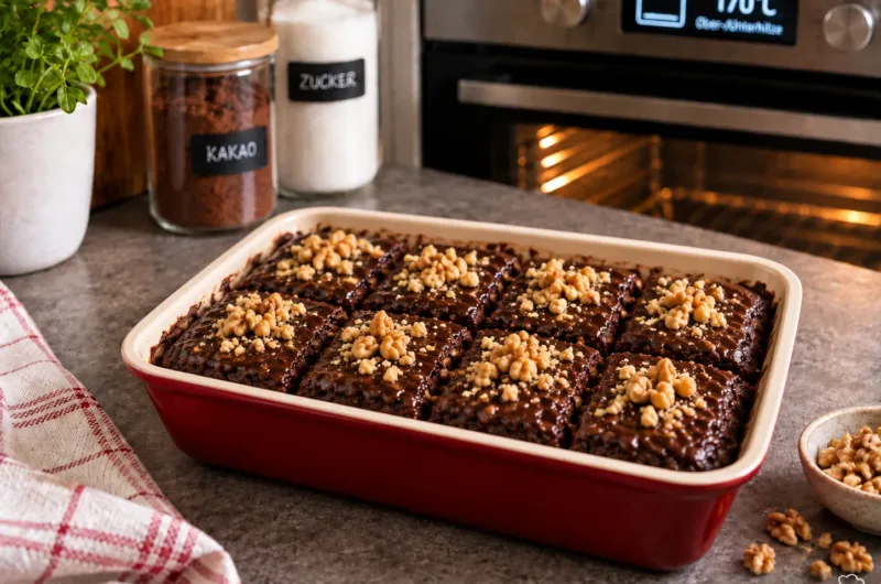 Saftiger Schokokuchen mit glänzender Schokosoße und gehackten Walnüssen in einer roten Auflaufform.