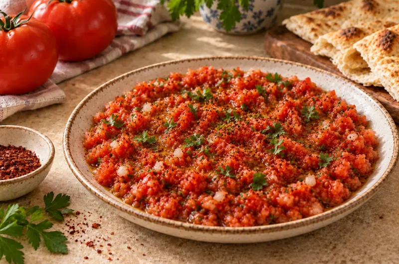 Acılı Ezme mit fein gehackten Tomaten, Paprika, Petersilie und Olivenöl in einer rustikalen Schale