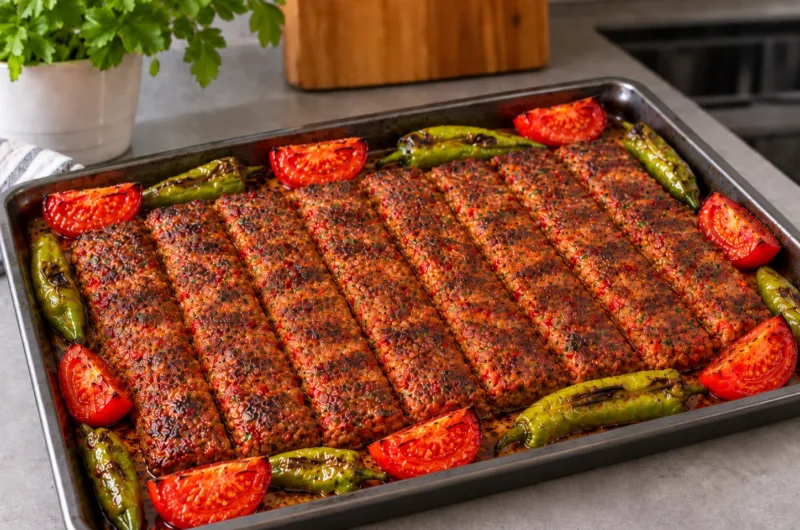 Adana Kebap aus Rinderhack mit gerösteten Tomaten und grünen Spitzpaprika vom Blech