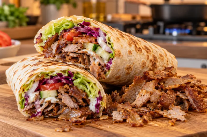 Dürüm mit selbst gemachtem Backpapier-Döner, Salat, Tomate, Gurke, Rotkohl und cremiger Soße