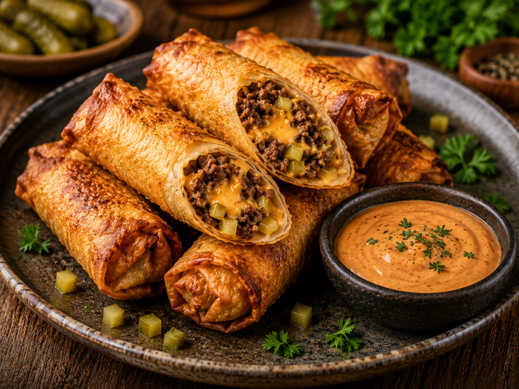 Cheeseburger Frühlingsrollen mit Rinderhackfleisch, Cheddar und Gewürzgurken