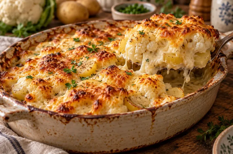 Cremiger Blumenkohl-Auflauf mit Kartoffeln und goldbrauner Käsekruste