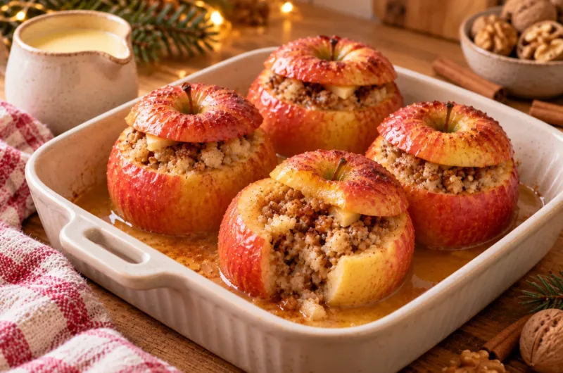 Vier saftige Bratäpfel mit Marzipan-Walnuss-Füllung in einer Auflaufform, dazu Vanillesoße.