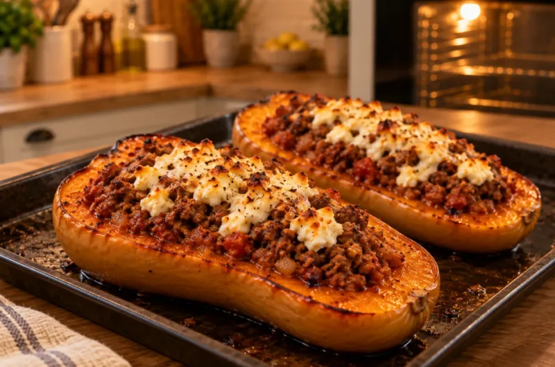 Gefüllter Butternut Kürbis mit Hackfleisch und Feta frisch aus dem Ofen