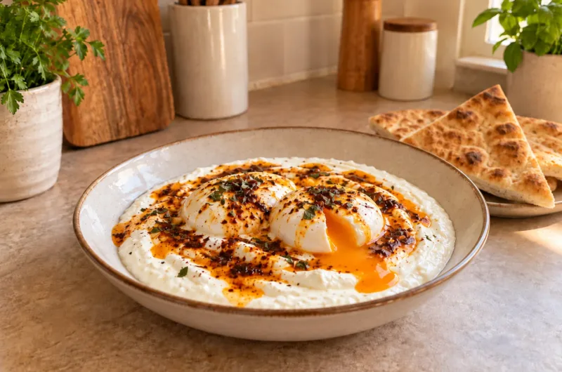 Türkisches Çılbır mit weich pochierten Eiern, Knoblauchjoghurt und würziger Pul-Biber-Butter, serviert mit frischem Fladenbrot.