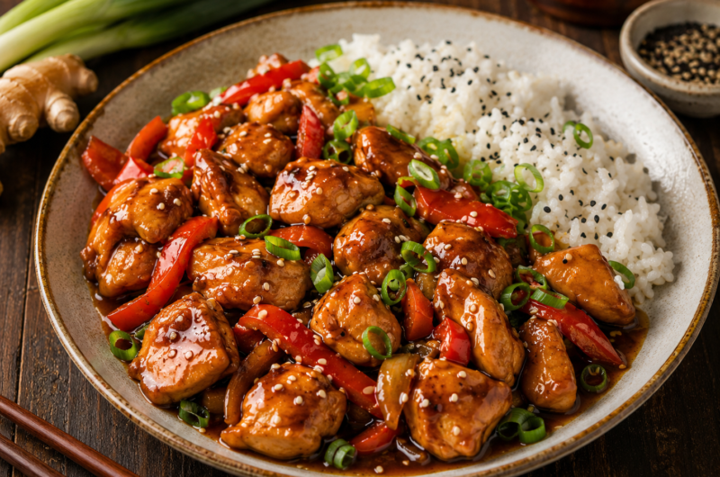 Glasiertes Teriyaki-Hähnchen mit roter Paprika, weißem Reis, Frühlingszwiebeln und Sesam auf einem Teller