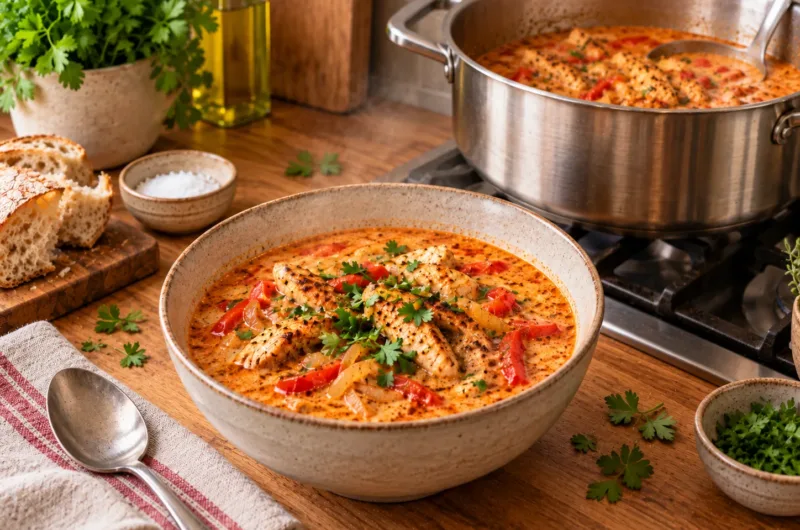 Cremige Gyrossuppe mit Hähnchen, Paprika, Zwiebeln und Petersilie