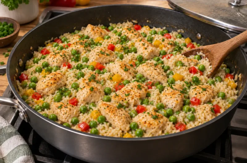 Fertige cremige Hähnchen-Reis-Pfanne mit Hähnchenbrust, Basmatireis, Erbsen und Paprika direkt aus der Pfanne – einfaches Familiengericht für baba-kocht.com.