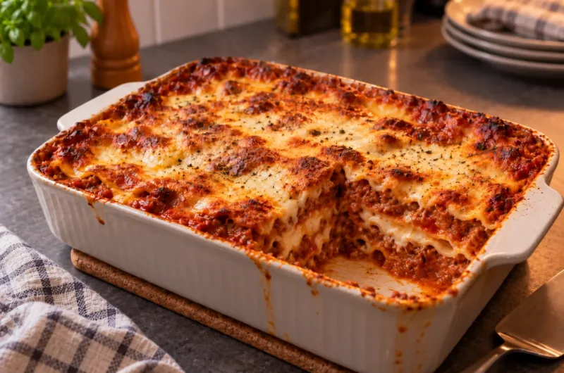 Goldbraun gebackene Lasagne mit mehreren Schichten aus Pasta, kräftiger Rinderhack-Tomatensauce und cremiger Béchamelsauce in einer Auflaufform.