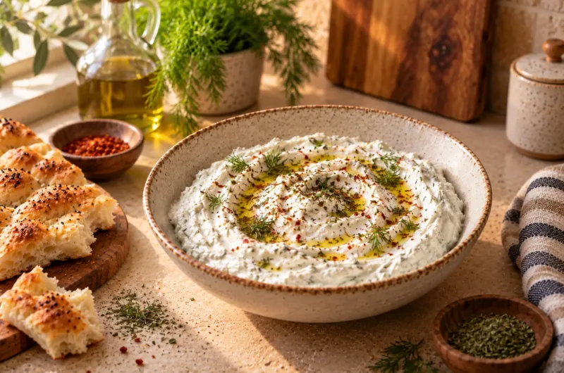 Cremiges Haydari mit Süzme Joghurt, Dill, Minze, Olivenöl und Pul Biber in einer rustikalen Schale