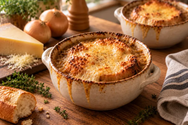 Französische Zwiebelsuppe mit karamellisierten Zwiebeln, Baguette und goldbrauner Käsekruste