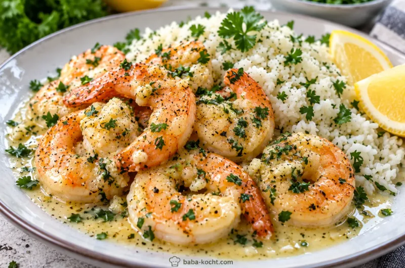 Cremige Knoblauch-Butter-Garnelen mit viel Knoblauch, frischen Kräutern und lockerem Basmatireis – einfach, aromatisch und besonders saftig.