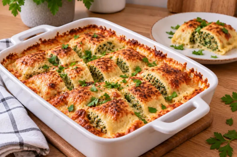Maultaschen-Auflauf mit cremiger Tomatensauce und goldbraun überbackenem Käse