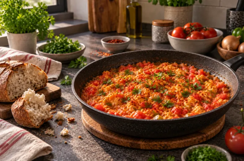 Türkisches Menemen mit Zwiebel, Tomaten, grüner Spitzpaprika und cremigem Ei