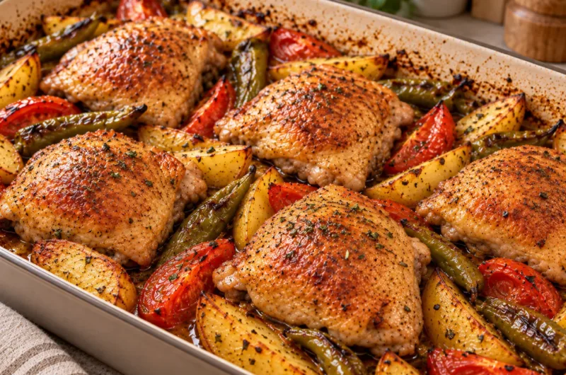 Goldbraun gebackene Hähnchenoberkeulen mit Kartoffelspalten, Tomaten und grüner Spitzpaprika aus dem Ofen