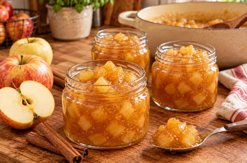 Selbstgemachte Apfelmarmelade mit Zimt in mehreren Gläsern auf einem Holztisch mit frischen Äpfeln und Zimtstangen