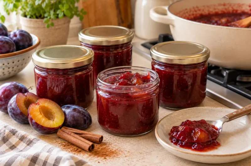 Hausgemachte Pflaumenmarmelade ohne Gelierzucker mit frischen Pflaumen und Zimtstangen
