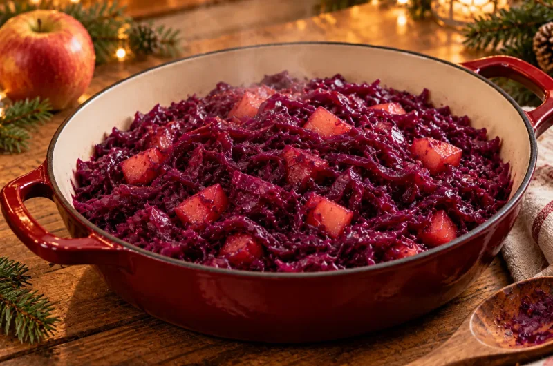 Klassischer hausgemachter Rotkohl mit Apfel in einem roten Bräter