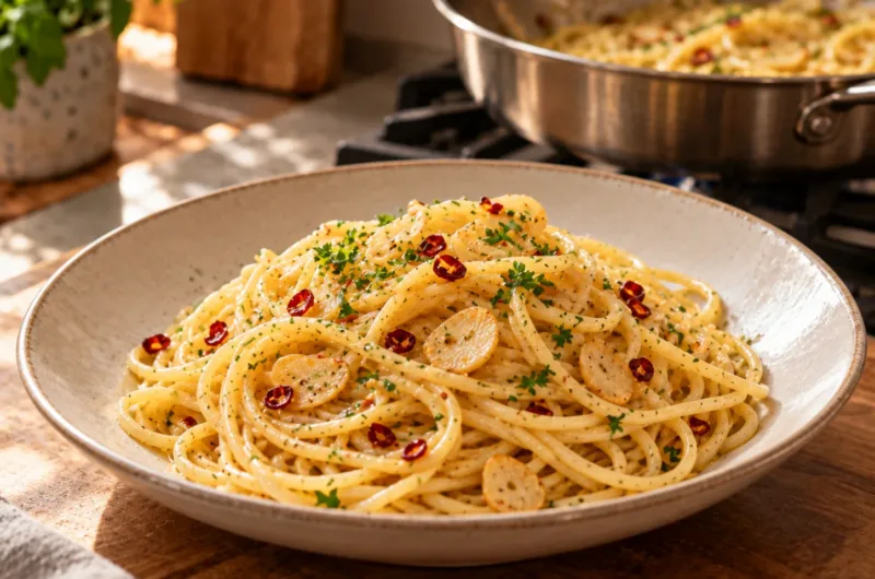 Spaghetti Aglio e Olio auf einem Teller mit Knoblauchscheiben, Chili und etwas Petersilie