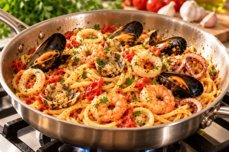 Italienische Spaghetti Frutti di Mare mit Garnelen, Muscheln, Calamari und leichter Tomatensauce