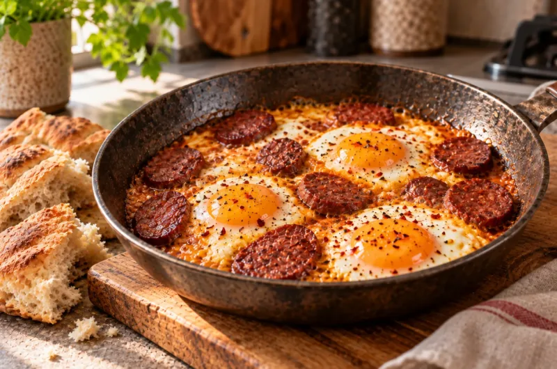 Türkisches Sucuklu Yumurta mit Rindersucuk, Eiern und frischem Fladenbrot