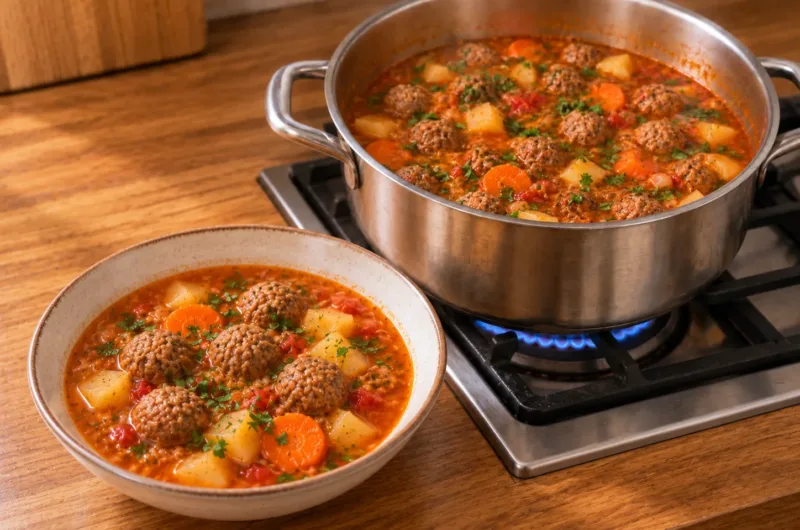 Herzhafter türkischer Sulu-Köfte-Eintopf mit saftigen Köfte, Kartoffeln, Möhren und Tomatensoße, frisch mit Petersilie serviert.