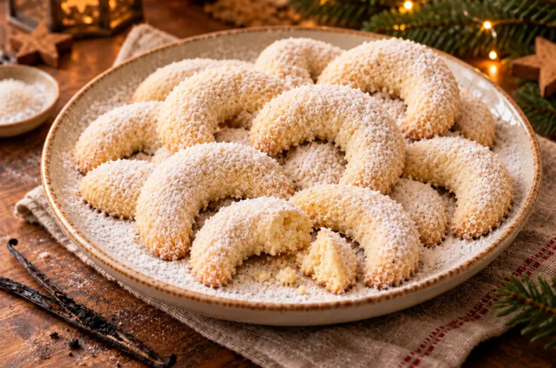Klassische Vanillekipferl mit Mandeln und Vanillezucker auf einem Teller