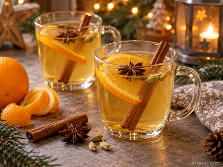 Weißer Glühwein mit Orange, Zimt, Sternanis und Kardamom in zwei Gläsern, weihnachtlich serviert