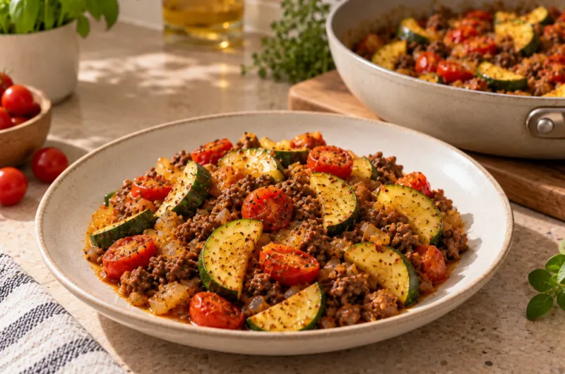 Angerichtete Zucchini-Hackfleisch-Pfanne mit Rinderhack, gebratenen Zucchinistücken, Tomaten und Zwiebeln