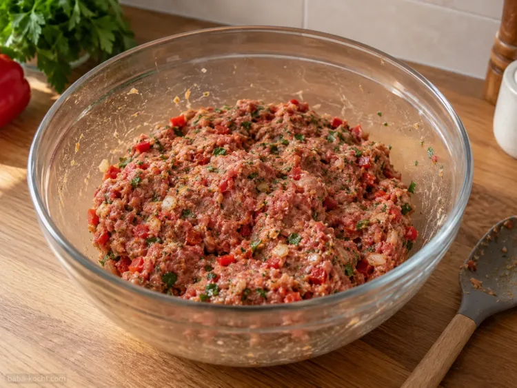 Köfte-Masse aus Rinderhackfleisch, Paprika, Zwiebeln, Petersilie und Gewürzen in einer Schüssel