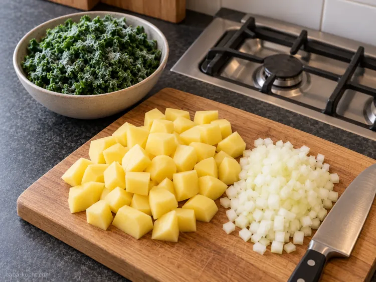 Kartoffeln und Zwiebeln vorbereiten – Grünkohl-Eintopf mit Kartoffeln Geschälte Kartoffeln in Würfeln und fein geschnittene Zwiebeln für Grünkohl-Eintopf